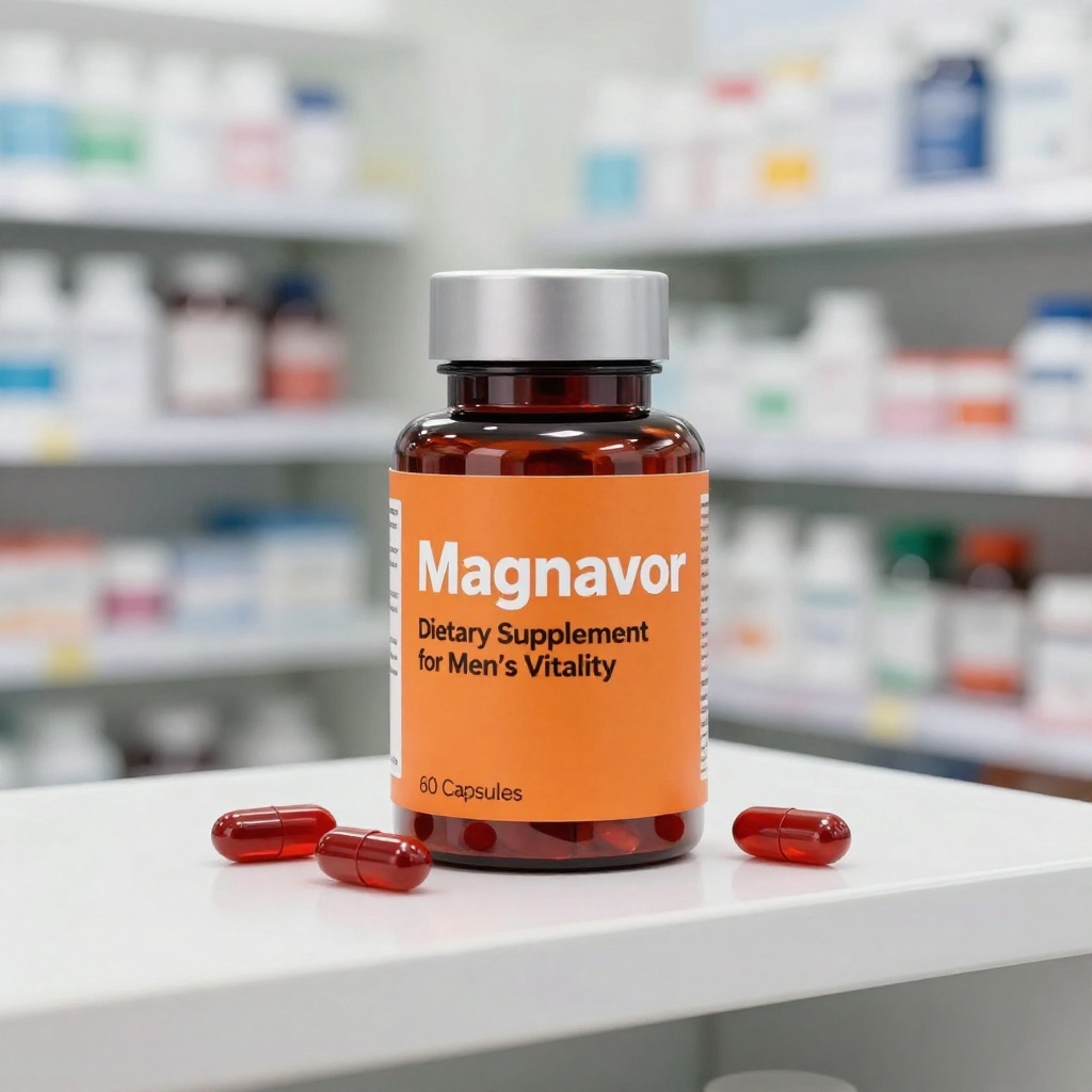 Magnavor - supliment natural premium pentru îmbunătățirea circulației sanguine, prezentat într-o cutie elegantă albă cu design modern pe fundal neutru